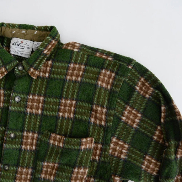 Vintage  90's Raw Materials Green & Brown Checker Print Fleece Button Up Shacket - Picture 8 of 12